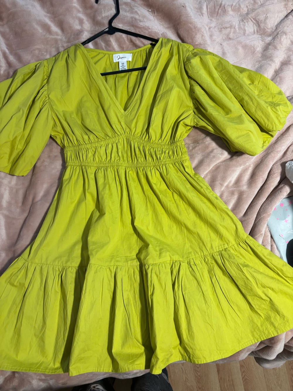 J crew-inspired Bright Lime V-Neck Puff Sleeve Dress